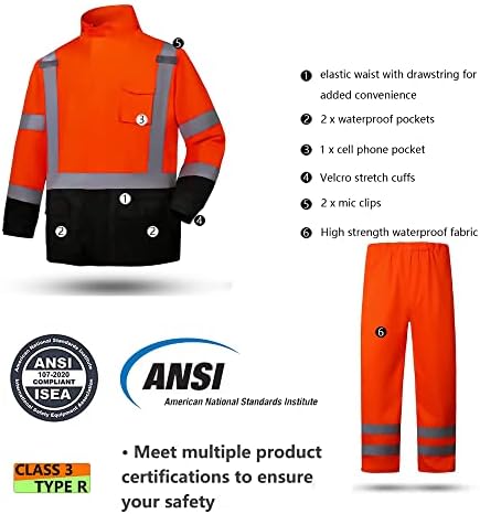 Защитна мушама SRsafety Hi Vis, работно облекло за дъжд повишена видимост клас 3 за мъже, строителни дождевики.