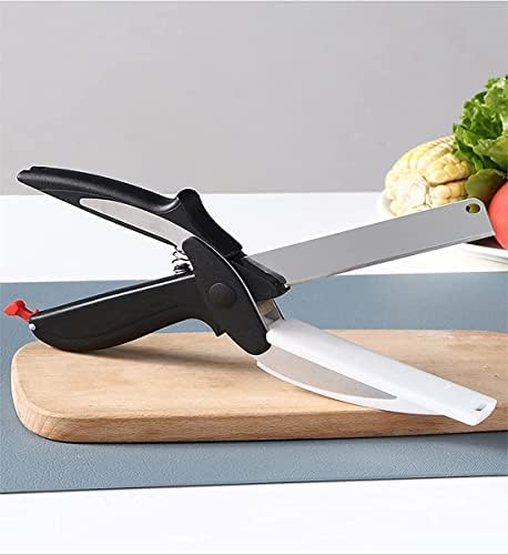 Кухненски ножици за рязане на продукти, хеликоптер салата с вградена дъска за дъска за лесно рязане на Многофункционални ножици от неръждаема стомана за нарязване на зеленчуци, плодове, сирена, нож за барбекю, бърз