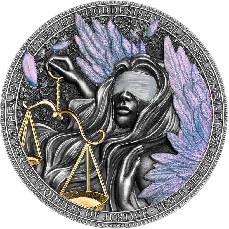 2022 DE Модерна Възпоменателна монета PowerCoin Темида Goddesis Богинята на Правосъдието 2 Грама Сребърна Монета 5 $ Ниуе 2022 Антични Гарнитури
