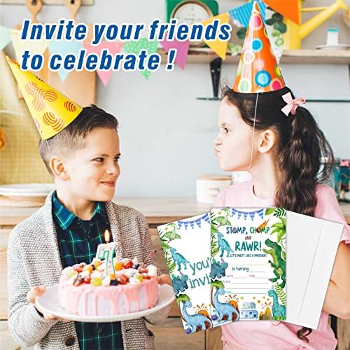 Покани за рожден Ден с динозавром в джунглата AWSICE, Двустранни картички-покани за партито по случай рождения Ден, За момчета, Момичета, деца, тийнейджъри, 20 Покани С Конвертами, Декорации, подаръци за партита и принадлежности-A32