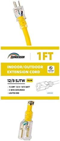 Удължител HONDERSON 1FT 12/3 с подсветка за употреба на открито - Удлинительный кабел SJTW повишена здравина жълт цвят с 3-пинов заземен приставка адаптер 12 калибър SJTW за осигуряване на безопасността, посочени в