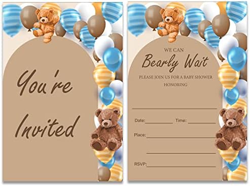 Покани за парти Baby Shower за малки момчета Bearly Wait с конвертами Комплект от 20 сини мъниста с Медвежатами Покани на парти Baby Shower Попълнете интервал