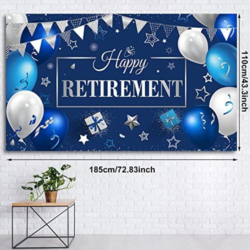 Украса за парти Щастлив пенсиониране, Много Голям Текстилен Банер с надпис Happy пенсиониране, на Фона на фотобудки с въже за парти в чест на пенсиониране (Синьо и сре?