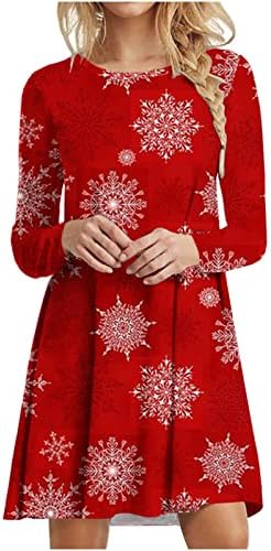 BADHUB Xmas_Dress Дамско Модно Коледно Рокля с принтом Елхи с Дълъг ръкав и кръгло деколте