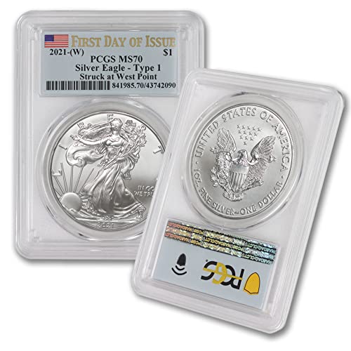 2021 (Тегло) 1 унция американски сребърен орел MS-70 (тип 1 - T-1 - Първият ден на издаване - Отчеканен на монетния двор на Уест-Пойнта - етикет с флага) за 1 монета 70 долара.