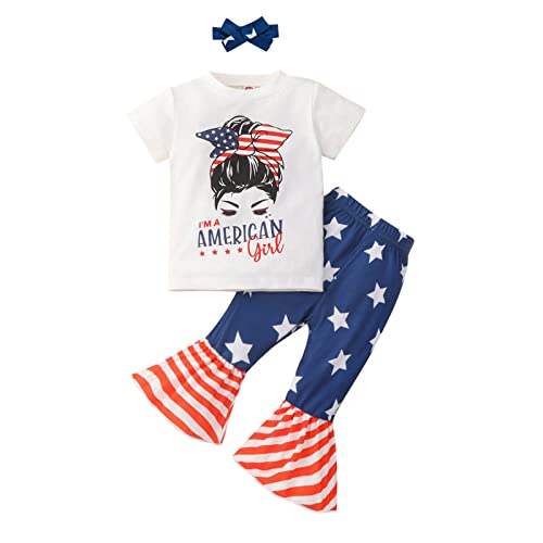 Дни на Независимостта за малки момичета, Комплекти, дрехи от 3 теми, Тениска с надпис, Върховете на 4-ти цветове (бяло, 3-4 г.)