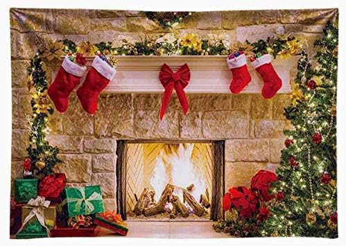 Funnytree 7x5ft Здрав Коледен Фон За Камина Без Бръчки Текстилен Интериор Реколта Чорапи за Коледно Фон За Снимки Портретна Фотосесия Вечерни Украса за Банери, Декори За фото студио