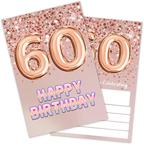 Покани за рожден Ден SHLINCO на 60-ия Рожден ден с Пайети от Розово Злато, 60 Покани за Рожден Ден за Момичета, Празнична парти, за да проверите за рождения ден (20 Покани + Пликове)
