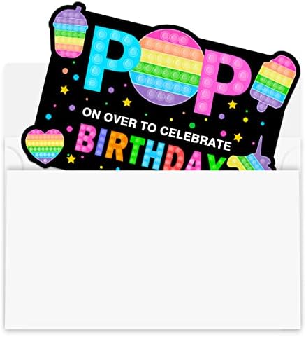 Pop it fidget играчка еднорог преливащи покана за рожден ден, мехурчета виолетово-розов пастел покани за момичета на страната (30 комплекта с конвертами)-черен